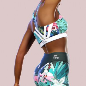 Tropical Bahamas Double  Sports Bra Set Workout Women Clothing Fitness Apparel Flowers Floral Crop Top Boho Printed Support Hippie Tank