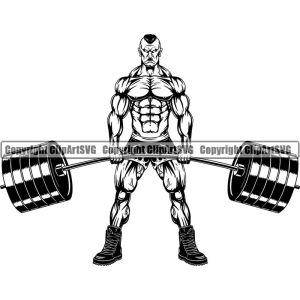 Bodybuilding Man Muscle Flex Flexing Barbell Bar Fitness Gym Workout Train Trainer Health Weight Fit Body Strong Logo SVG PNG Vector Clipart