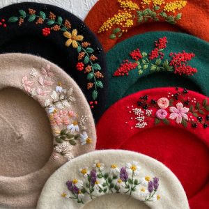Hand Embroidered 100% Wool Flower French Beret, Custom Embroidered Hat, Beret For Women, Embroidered Beret, Gift For Women, Valentine’s Gift