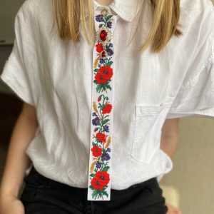 Vyshyvanka Accessory. White red bow tie with a red rhinestone center. Skinny tie for women’s. Accessories for dress shirt.