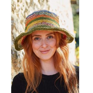 Women’s Hemp & Cotton Summer Hat – Adjustable Wire Brim – Bucket Hat – Hand Crochet Sun Hat – Rainbow Stripe – Applique Flower