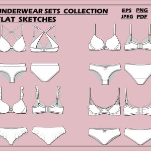 Women’s underwear sets bundle vectors- bra vector-fashion flat sketch for adobe illustrator – technical drawing -women’s underwear templates