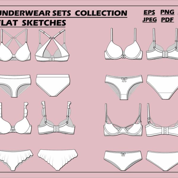 Women’s underwear sets bundle vectors- bra vector-fashion flat sketch for adobe illustrator – technical drawing -women’s underwear templates