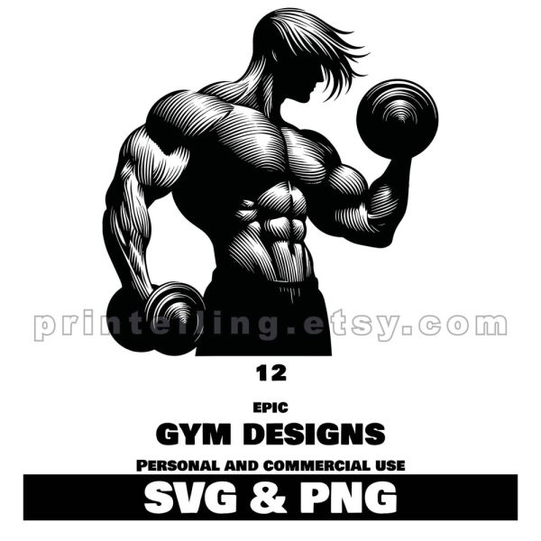Epic Gym Workout SVG & PNG Bundle, 12 Clipart Images to Design Shirts, Ads, Merch, Branding and More for Fitness and Bodybuilding Community