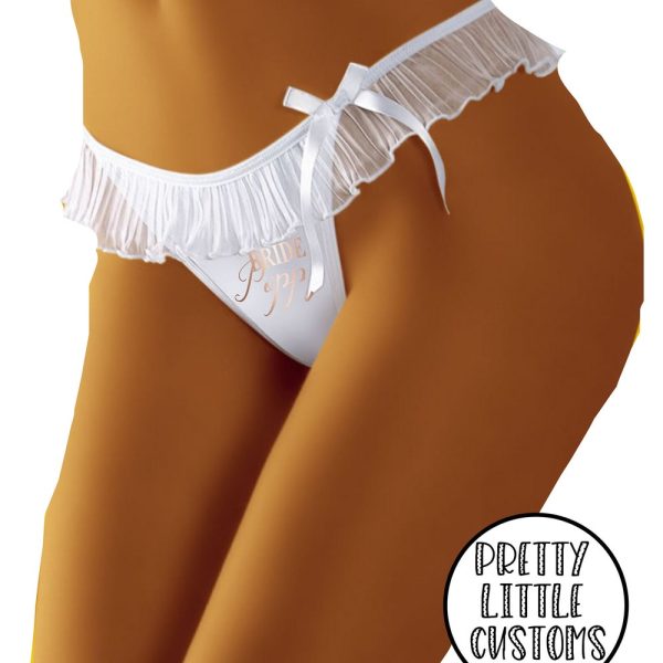 Personalised Bride (your name) bridal underwear – bow frill thong – wedding, married, honeymoon