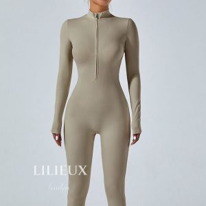 LILIEUX – Women’s Ribbed Stylish Long-Sleeve Full-Zip Sports Jumpsuit – Bodycon Unitard for Gym – All-In-One Stretch Romper Playsuit