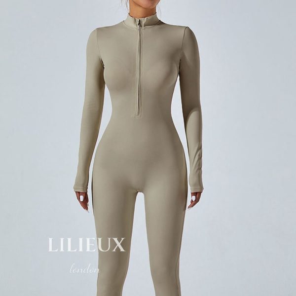 LILIEUX – Women’s Ribbed Stylish Long-Sleeve Full-Zip Sports Jumpsuit – Bodycon Unitard for Gym – All-In-One Stretch Romper Playsuit