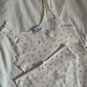 100% Fine Cotton Flower Pointelle Homewear Set Thick Straps