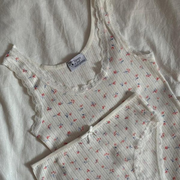 100% Fine Cotton Flower Pointelle Homewear Set Thick Straps
