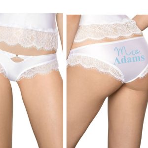 Personalised Mrs (your name) bridal diamante lace underwear – back print briefs, pants – wedding, married, honeymoon, something blue