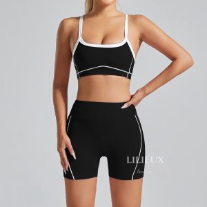 LILIEUX – 2 Piece Women’s Soft Active Sports Bra and High-Waisted Contrast-Trim Mini Shorts Set –  for Yoga, Gym, and Fitness