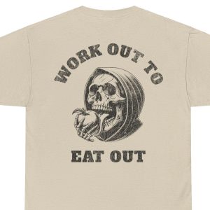 Work Out To Eat Out Gym Heavy Cotton Tee | Bodybuilding Motivation Funny Pump Cover | Edgy Gym Humor Distressed Text Gift Training Tshirt