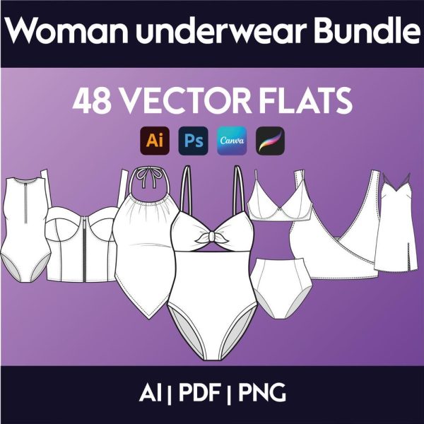 Underwear Mockup Pack & 48 Women Fashion Vectors – Fashion Design Pack – Procreate Mockup – Vector Technical Drawings