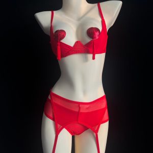 Red Mercerized Hollow Shorts Women’s Underwear Set Halloween Women’s Costume, Thong
