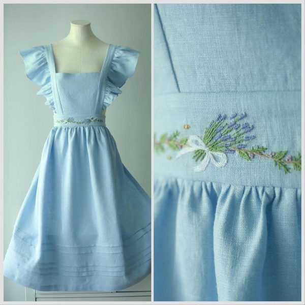 Lavender Flower Embroidery Apron for Her, Hand Embroidered Apron, Natural Embroidery Linen Apron, Apron Dress for Women, Mother’s Day Gift