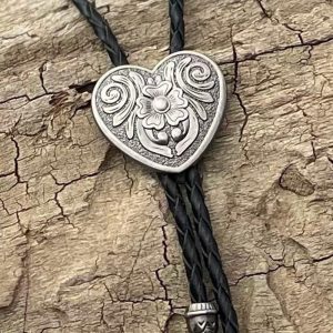 Silver Heart Bolo Tie – Handmade Western Gifts for Him Leather Necktie Accessories Women’s Rodeo Gear Girls Flower Rose Necklace Bola Tips
