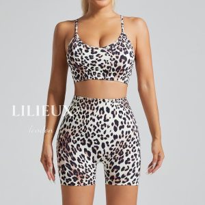 LILIEUX – Women’s Leopard Print Workout Set – 2 Piece Seamless Activewear Set with Sports Bra and High-Waisted Shorts