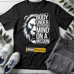 Motivational Lion Graphic Tee: Body Under Construction Fitness Shirt for Gym Workouts