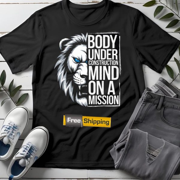 Motivational Lion Graphic Tee: Body Under Construction Fitness Shirt for Gym Workouts