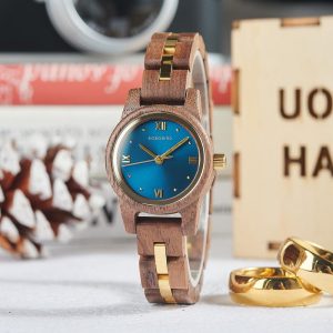 Handmade Wooden Women’s Watch – Blue Dial, Gold Accents, Minimalist Design, Eco-Friendly, Perfect Gift for Her, Stylish & Unique Accessory