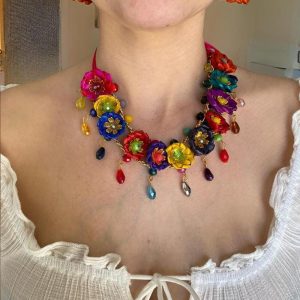 Handmade Palm Necklace and Earrings Set – Colorful Floral Design – Boho Artisan Jewelry for Women – Mexican Statement Accessories