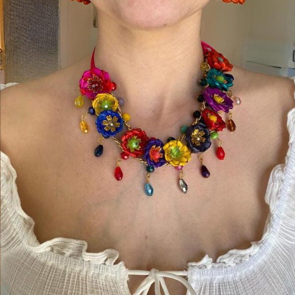 Handmade Palm Necklace and Earrings Set – Colorful Floral Design – Boho Artisan Jewelry for Women – Mexican Statement Accessories