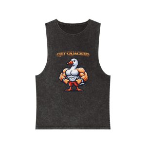 Funny Muscular Duck Gym Tank Top | Unisex Stonewash Tee | Quirky Workout Shirt | Sleeveless Muscle Top for Fitness