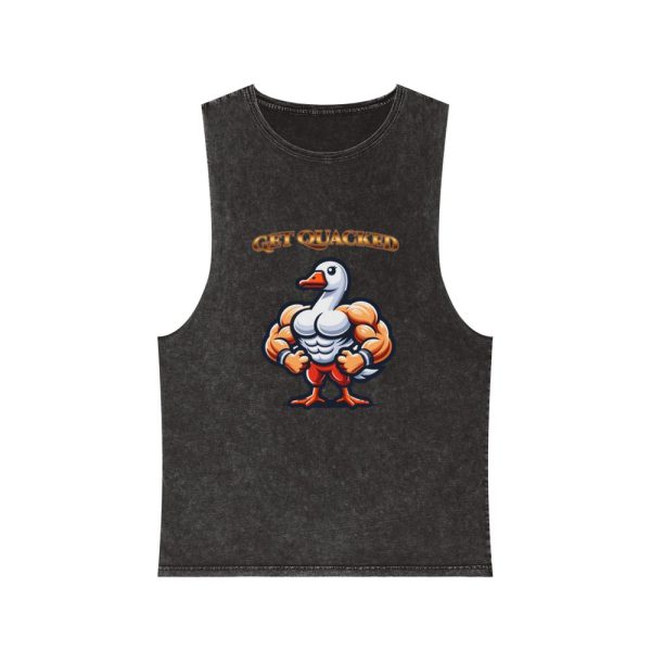 Funny Muscular Duck Gym Tank Top | Unisex Stonewash Tee | Quirky Workout Shirt | Sleeveless Muscle Top for Fitness