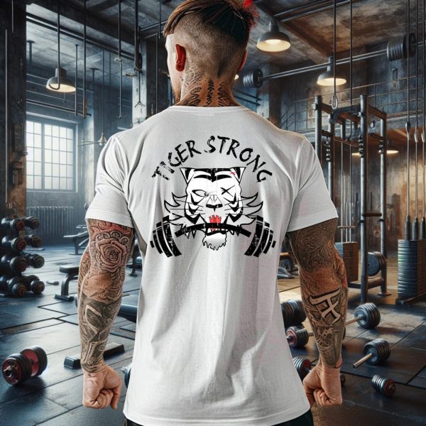 Tiger Strong Gym T-Shirt – Fitness Workout Tee, Men’s Activewear, Muscle Training Shirt, Animal Lover Gift, Tiger Graphic Top, Barbell Tee