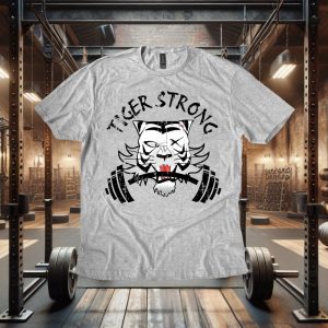 Tiger Strong Gym T-Shirt- Workout Tee, Fitness Top, Animal Print Shirt, Exercise Apparel, Barbell Tee, Bodybuilding T-Shirt, Muscle Tee