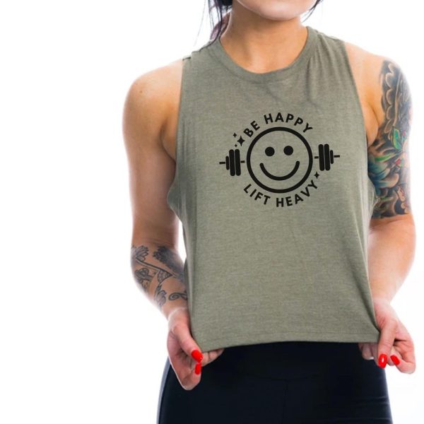Be Happy Lift Heavy Crop Tank – Funny Workout Shirt, Gym Top for Fitness Enthusiasts, Weightlifting Lovers, Athleisure Gift