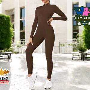 Women’s Yoga Jumpsuit | Long Sleeve Workout Bodysuit | Zipper Gym Suit | Athletic Fitness Overalls | Stretch Sportswear Tracksuit