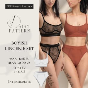 Boyish Lingerie Set PDF Sewing Pattern: Bralette & High-Waist Panty for Sizes 75(28)AA-120(48)E/DD and 32(4)-52(24)