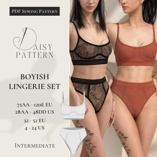 Boyish Lingerie Set PDF Sewing Pattern: Bralette & High-Waist Panty for Sizes 75(28)AA-120(48)E/DD and 32(4)-52(24)