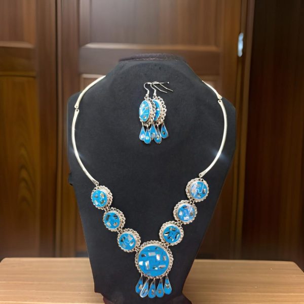 Handmade Alpaca Silver Necklace & Earrings Set with Turquoise Inlay | Mexican Artisan Jewelry | Boho Chic Statement Accessories for Women