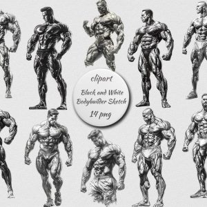 Bodybuilder Sketch Clipart, Muscular Man PNG, Black and White Fitness Drawing Set, Transparent Background, Instant Download Commercial Use