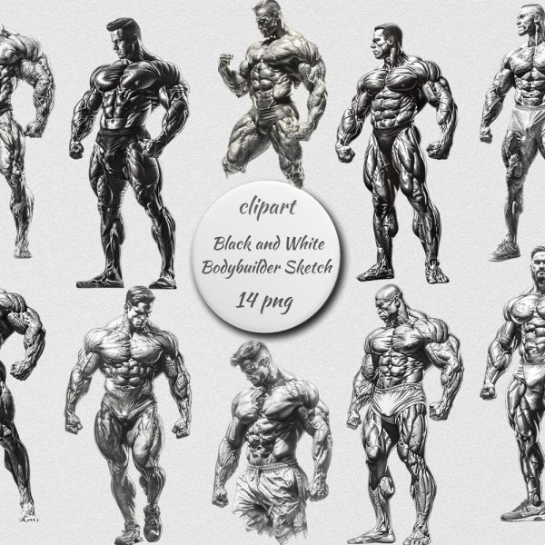 Bodybuilder Sketch Clipart, Muscular Man PNG, Black and White Fitness Drawing Set, Transparent Background, Instant Download Commercial Use