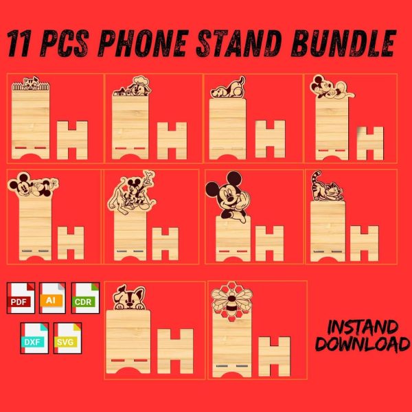 11 Pcs Wooden Phone Stand Bundle Laser Cut Templates, Phone Stand Laser Cut SVG | Cell Phone Stand SVG Bundle