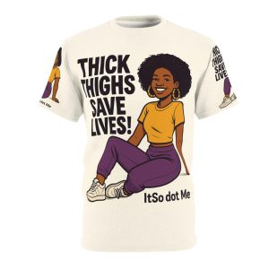 Thick Thighs Save Lives T-Shirt (AOP) #2 – Body Positivity Tee, Funny Gym Shirt, Plus Size Graphic Tee, Fitness Apparel, Workout Top